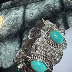 Boho Silver Turquoise Statement Cuff Bracelet - Unbranded